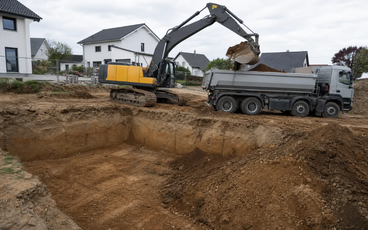 Baugrube mit Bagger und Lkw bei Erdarbeiten für Aushub und Abtransport