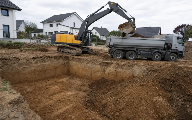 Baugrube mit Bagger und Lkw bei Erdarbeiten für Aushub und Abtransport