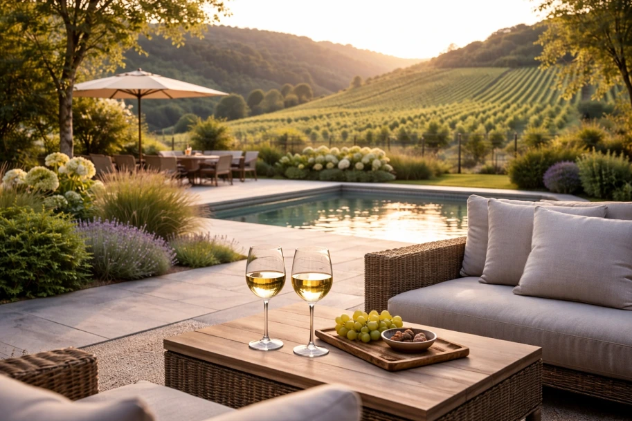 Außenanlage mit Terrasse, Pool und Gartenbereich