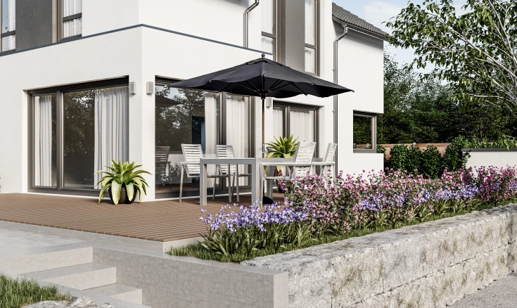 Terrassenbau mit Sitzbereich, Unterbau und Anschluss an die Außenanlage