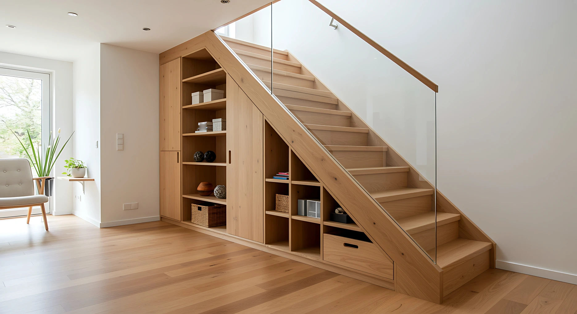 Treppe mit integriertem Stauraum als Beispiel für früh abgestimmte Raumplanung