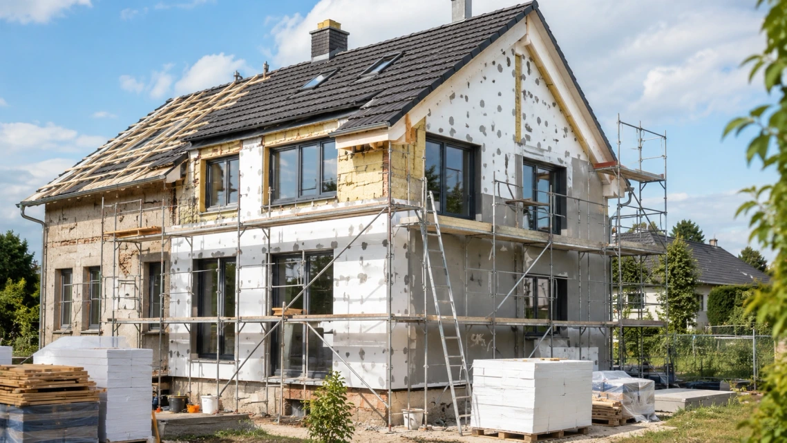 Wohnhaus während einer fachgerechten energetischen Sanierung