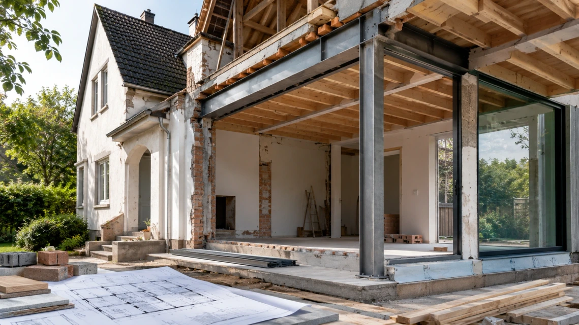 Bestehendes Wohnhaus während eines Umbaus mit baulicher Erweiterung